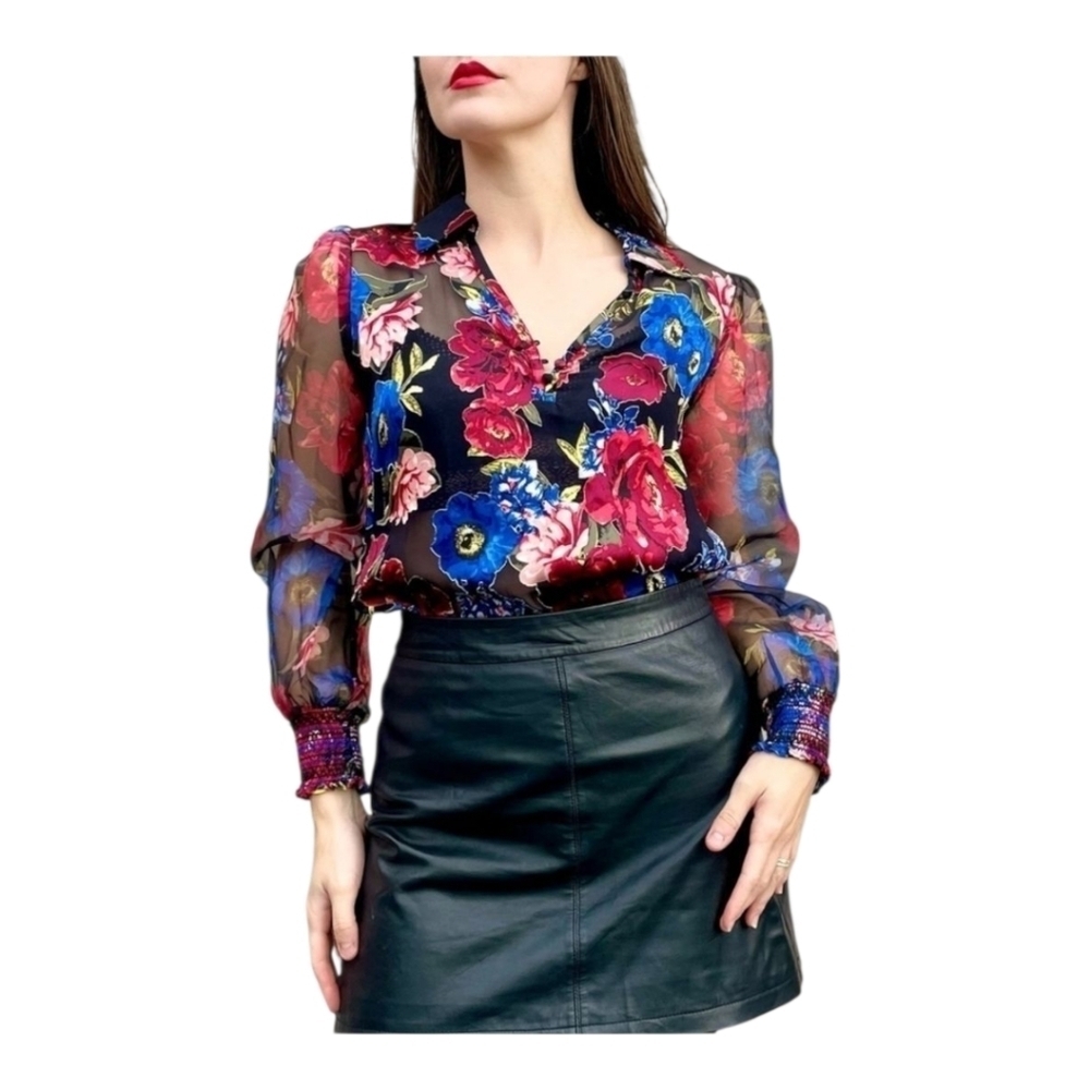 WHBM Sheer Floral Silk Blend Blouse M Black Red Blue Long Sleeve Romantic Top